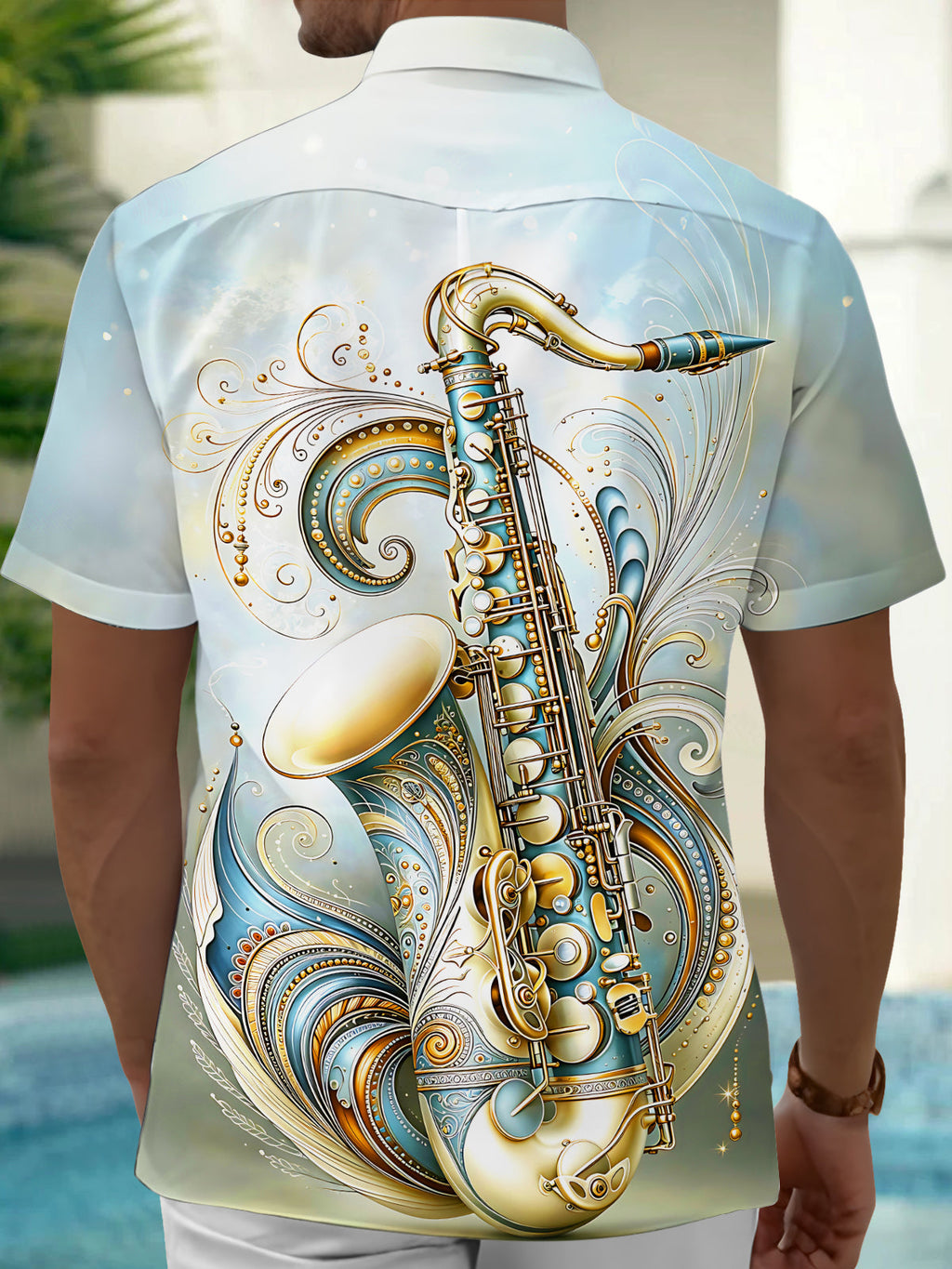 Oceanlyte Men's Vintage Style Saxophone Illustration Print Short Sleeve Shirt with Chest Pocket