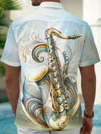 Oceanlyte Men's Vintage Style Saxophone Illustration Print Short Sleeve Shirt with Chest Pocket