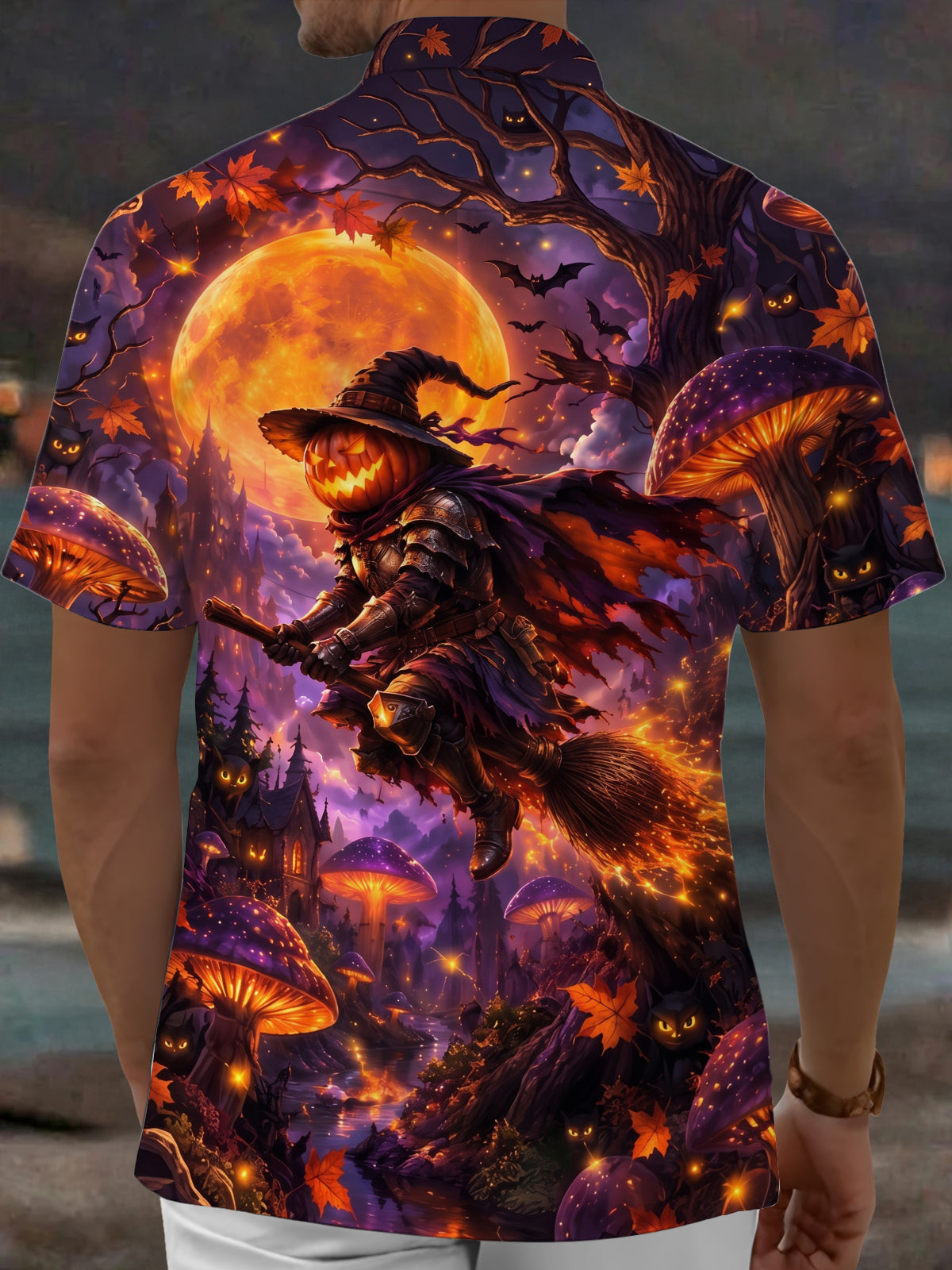 Oceanlyte Men's Graphic Pumpkin Knight Print Short Sleeve Shirt with Chest Pocket