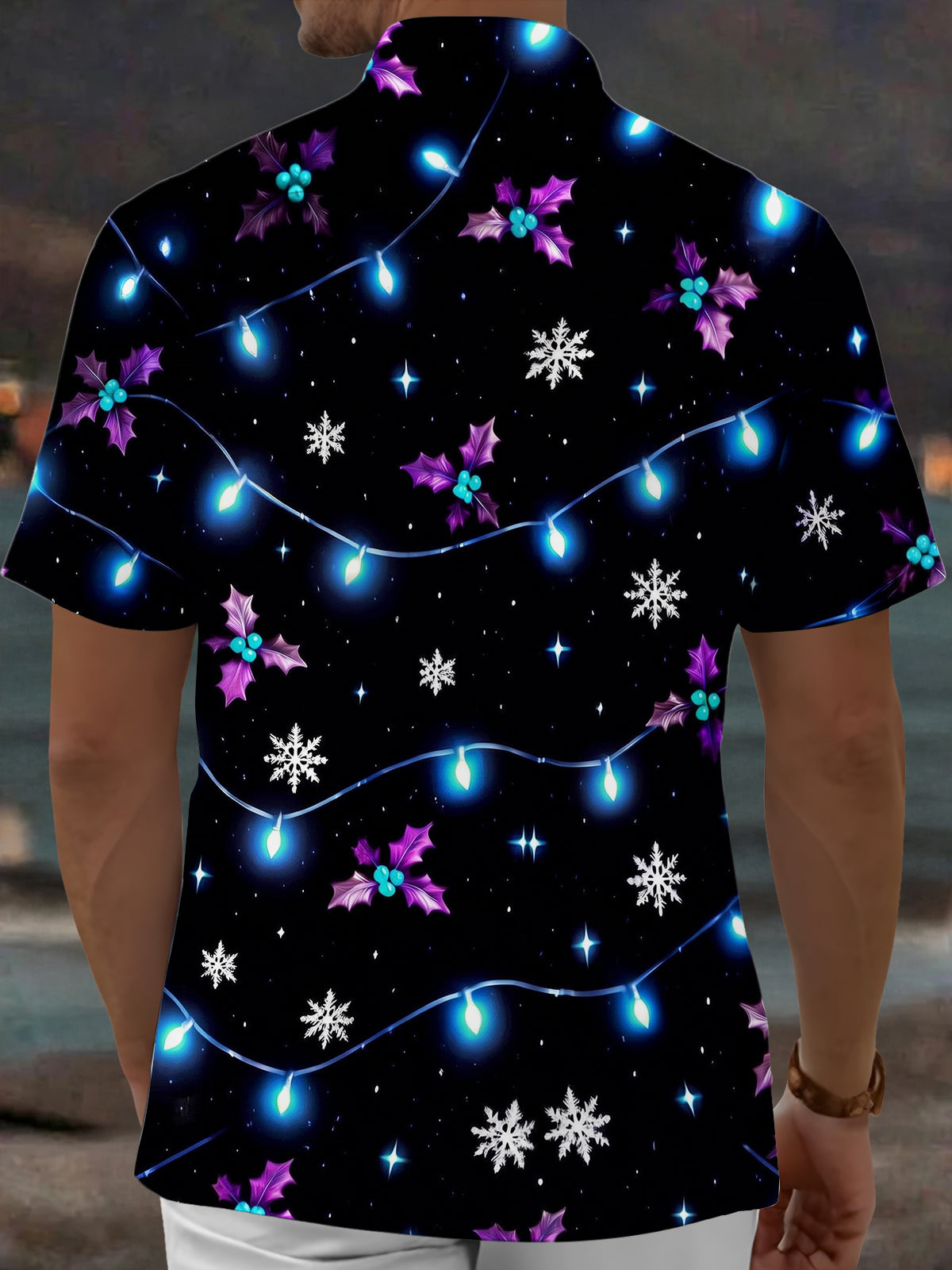 Oceanlyte Men's Short Sleeve Shirt - Christmas Light Strings And Holly Leaves Print with Chest Pocket