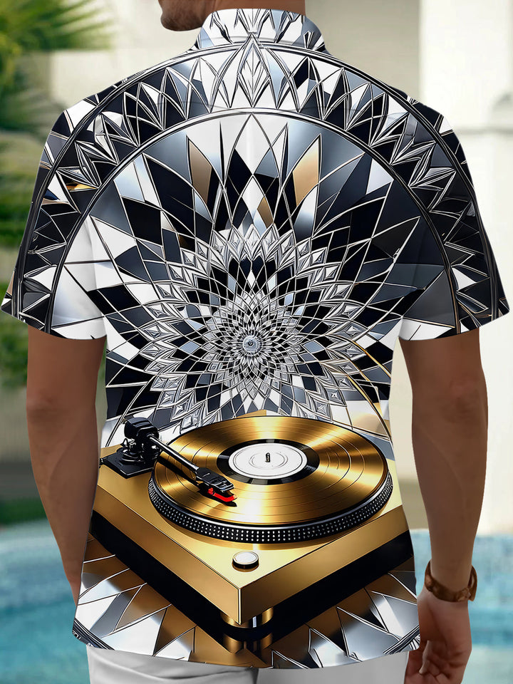 Oceanlyte Men's Graphic Vinyl Record Player Print Short Sleeve Shirt with Chest Pocket