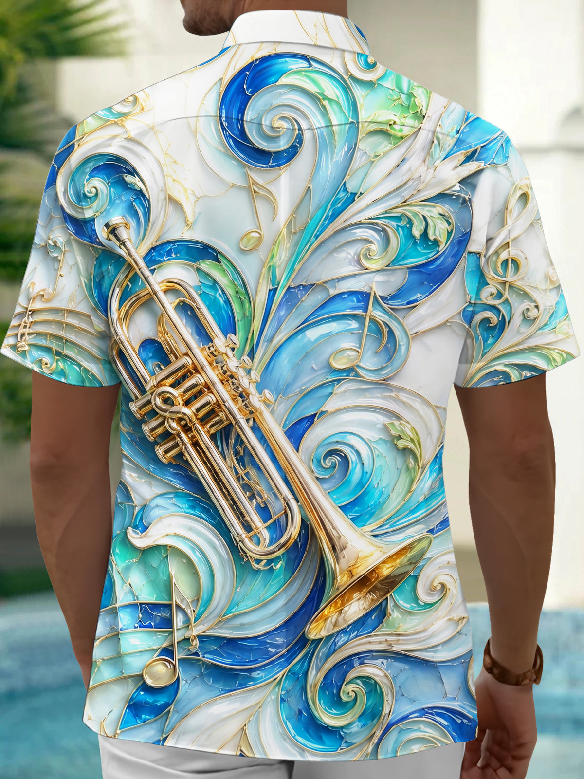 Oceanlyte Men's 3D Stained Glass Trumpet Print Short Sleeve Shirt with Chest Pocket