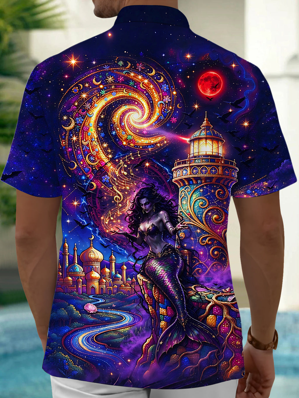 Oceanlyte Men's Hawaiian Dark Mermaid And Lighthouse Print Short Sleeve Shirt with Chest Pocket