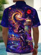 Oceanlyte Men's Hawaiian Dark Mermaid And Lighthouse Print Short Sleeve Shirt with Chest Pocket
