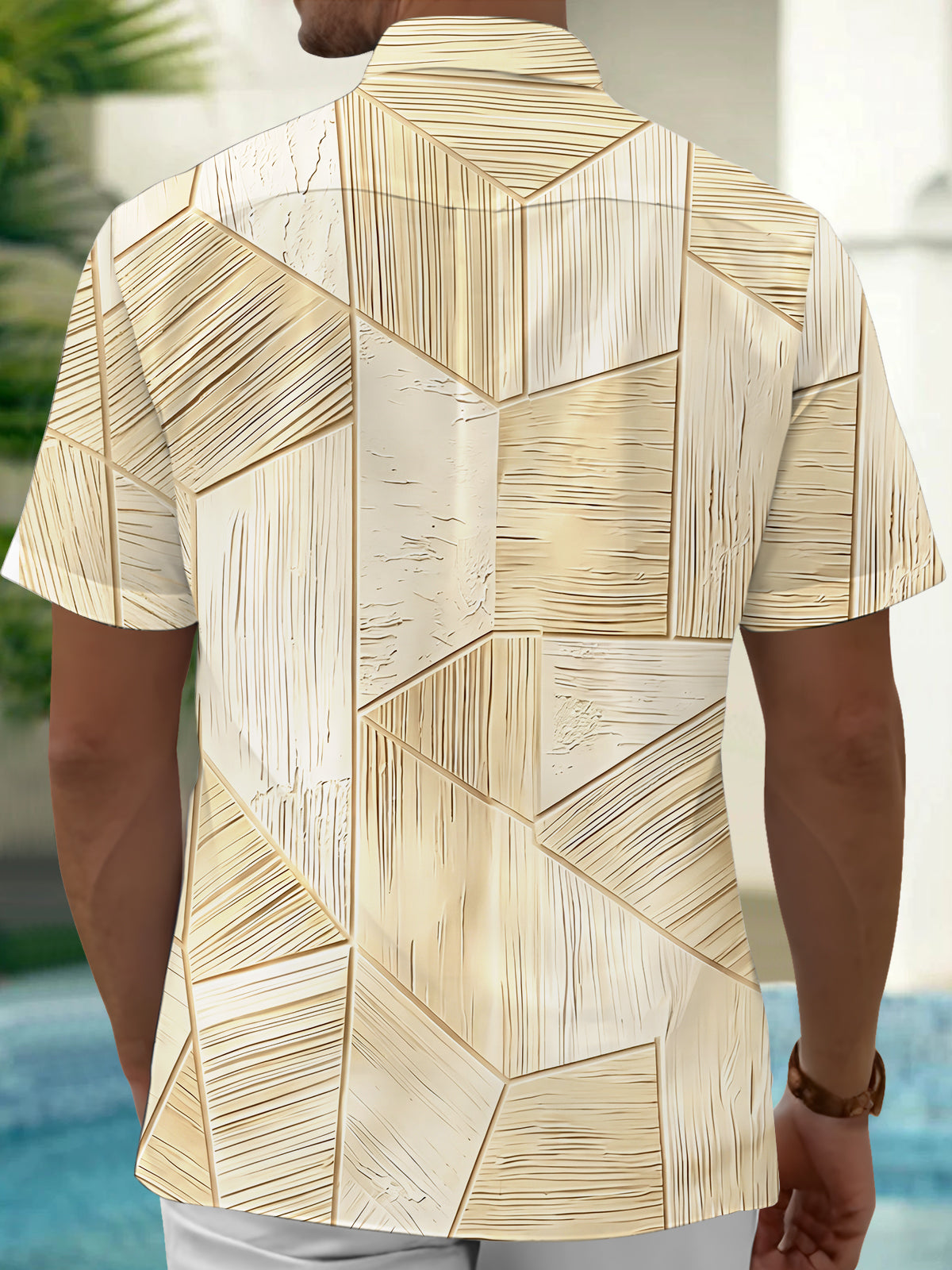 Oceanlyte Men's 3D 3D Wood Grain Geometric Mosaic Print Short Sleeve Shirt with Chest Pocket