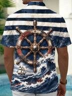 Oceanlyte Men's Ship Wheel And Sailboat On Waves Print Short Sleeve Shirt with Chest Pocket