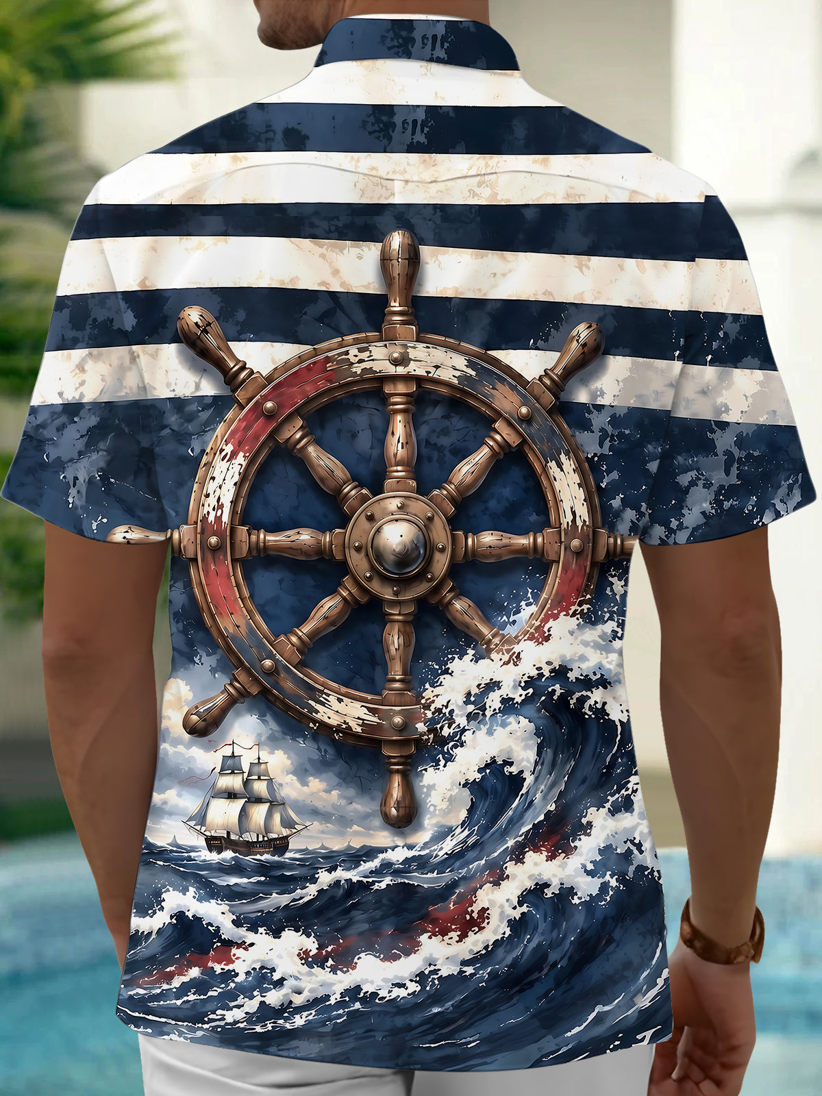 Oceanlyte Men's Ship Wheel And Sailboat On Waves Print Short Sleeve Shirt with Chest Pocket