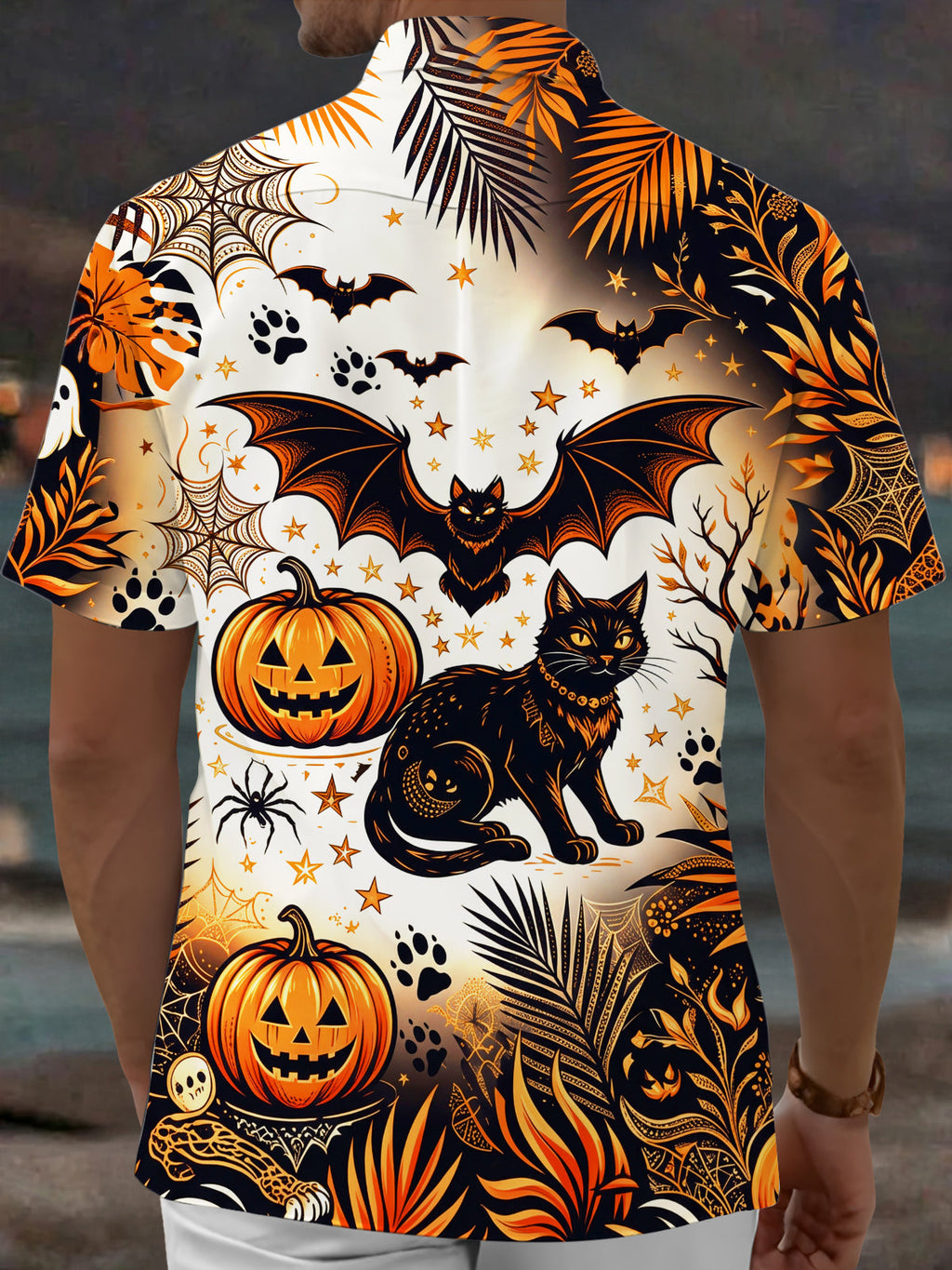 Oceanlyte Men's Hawaiian Halloween Black Cat Print Short Sleeve Shirt with Chest Pocket