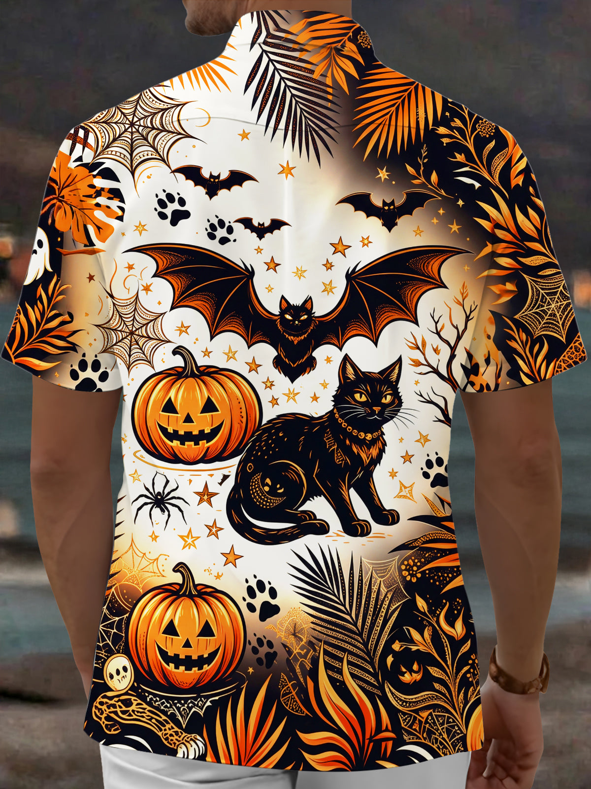 Oceanlyte Men's Hawaiian Halloween Black Cat Print Short Sleeve Shirt with Chest Pocket