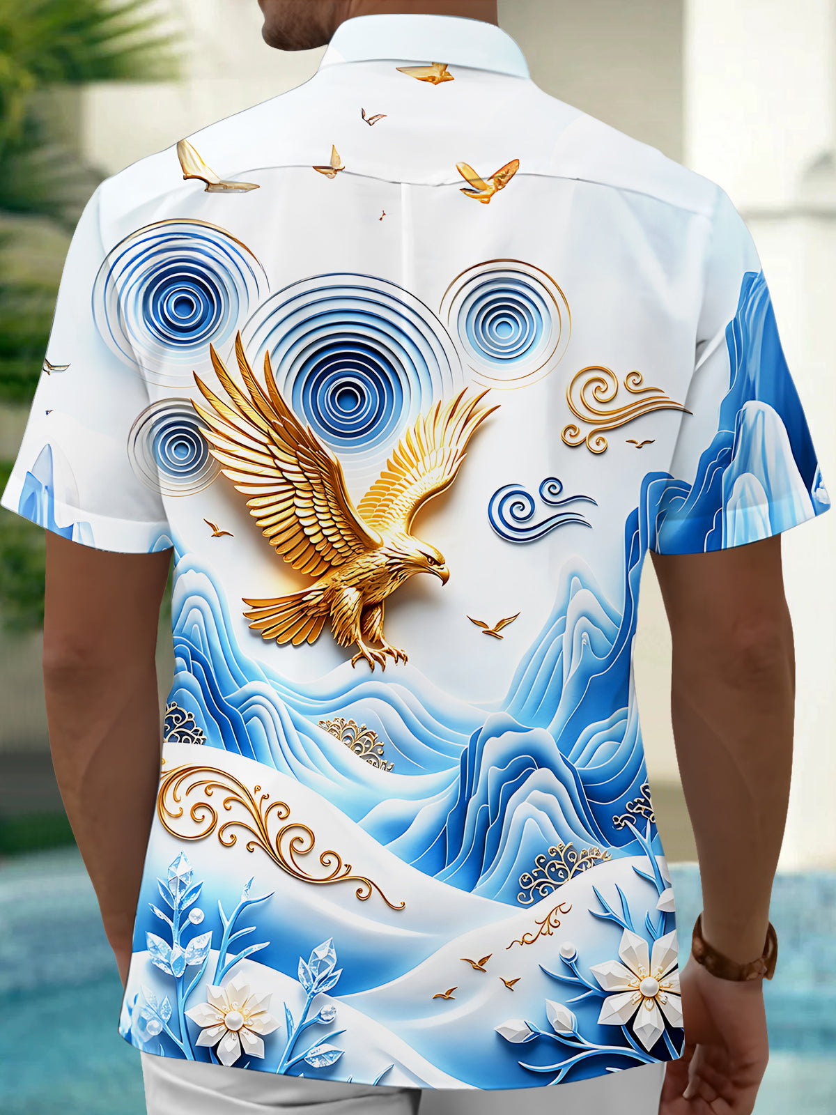 Oceanlyte Men's Golden Eagle And Mountain Landscape Print Short Sleeve Shirt with Chest Pocket