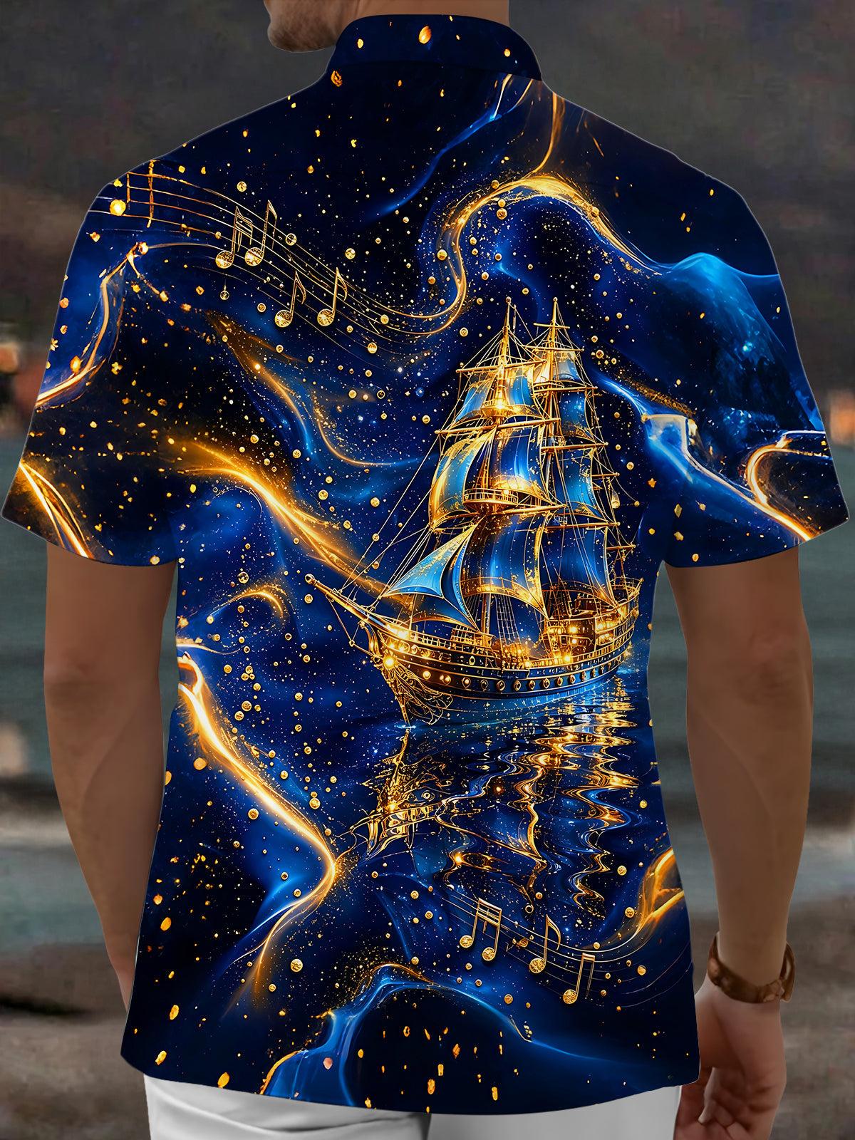 Oceanlyte Men's Printed Sailing Ship Print Music Notes Print Short Sleeve Shirt with Chest Pocket