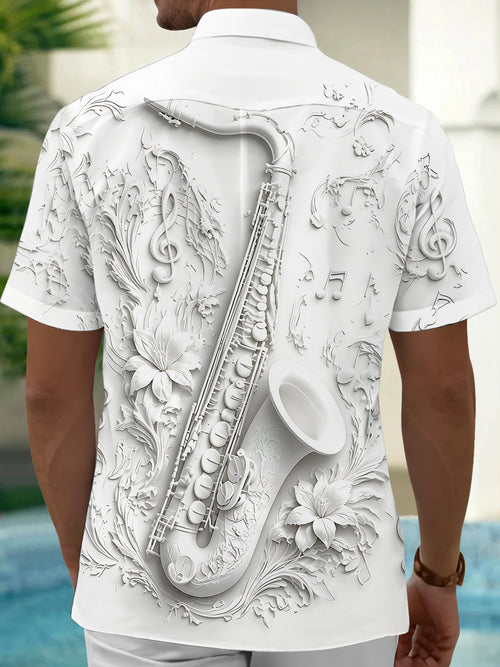 Oceanlyte Men's Graphic Floral 3D Saxophone Musical Print Short Sleeve Button Down Shirt with Chest Pocket