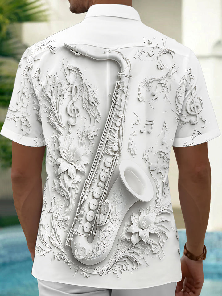 Oceanlyte Men's Graphic Floral 3D Saxophone Musical Print Short Sleeve Button Down Shirt with Chest Pocket