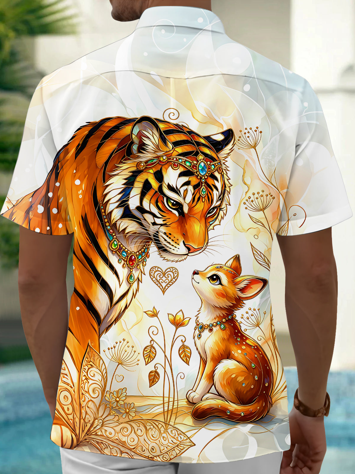 Oceanlyte Men's Hawaiian Tiger And Cat Print Short Sleeve Shirt with Chest Pocket