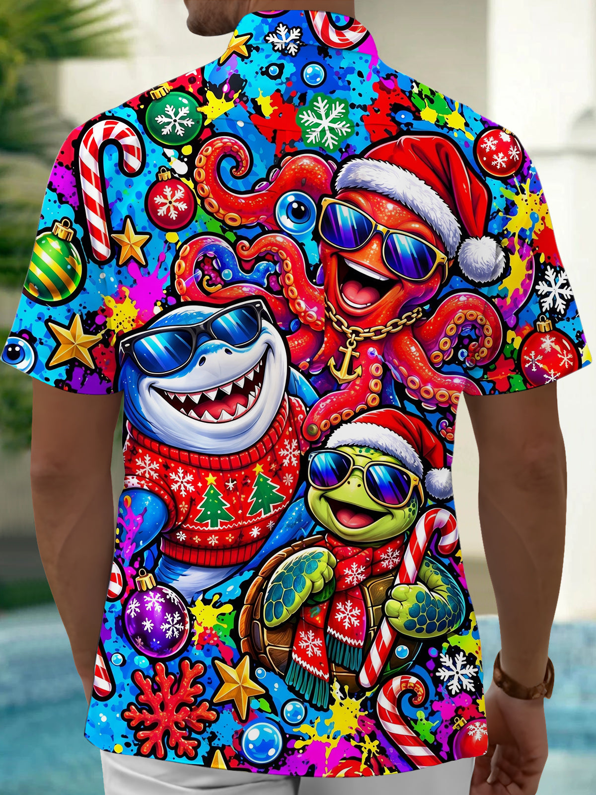 Oceanlyte Men's Hawaiian Christmas Marine Life Print Short Sleeve Shirt with Chest Pocket
