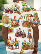 Oceanlyte Men's Hawaiian Rooster Farm Market Scenes Print Short Sleeve Shirt with Chest Pocket