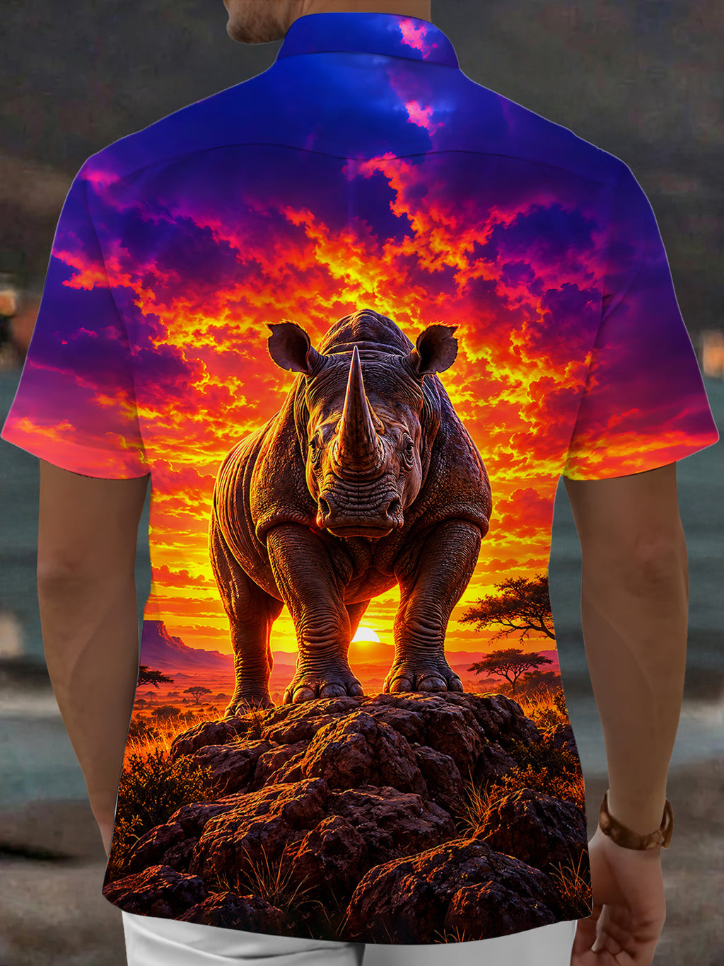 Oceanlyte Men's Hawaiian Rhino Sunset Landscape Print Short Sleeve Shirt with Chest Pocket