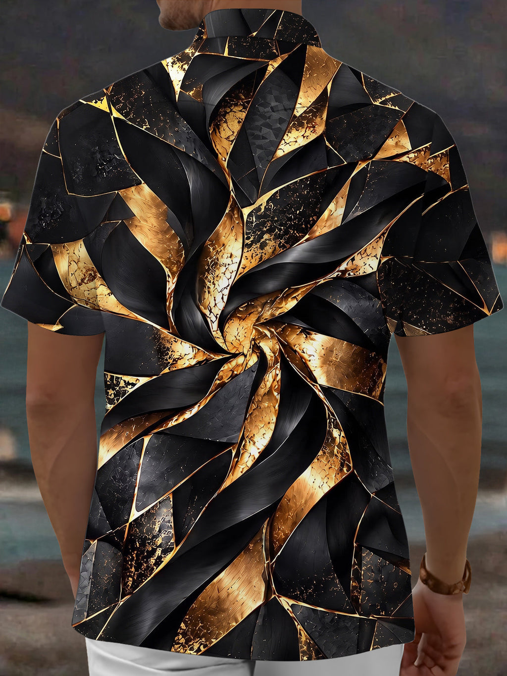 Oceanlyte Men's Short Sleeve Shirt - Abstract Geometric Swirl With Gold And Black Textures Print with Chest Pocket