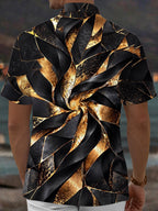Oceanlyte Men's Short Sleeve Shirt - Abstract Geometric Swirl With Gold And Black Textures Print with Chest Pocket