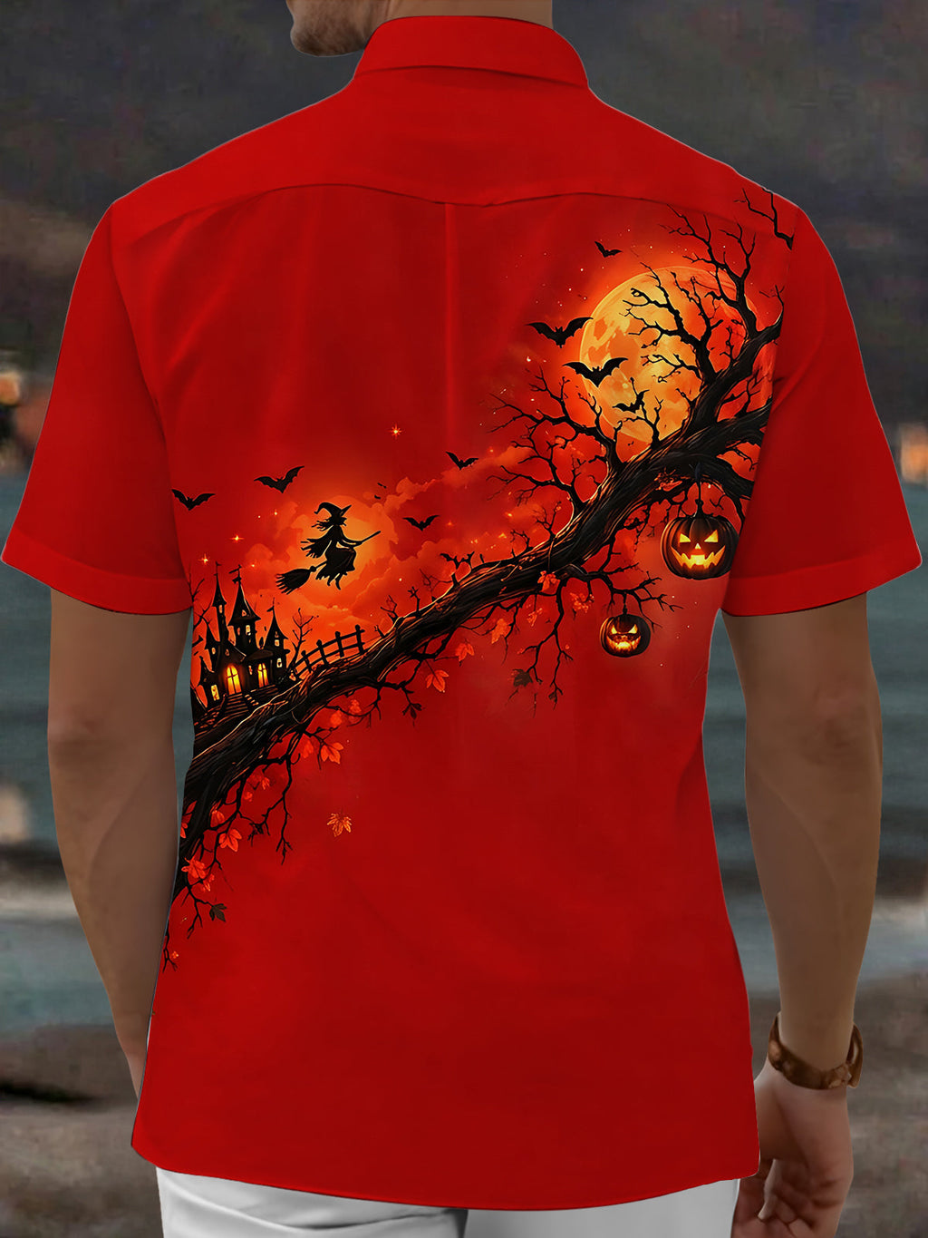 Oceanlyte Men's Graphic Halloween Witch And Pumpkins Print Short Sleeve Shirt with Chest Pocket