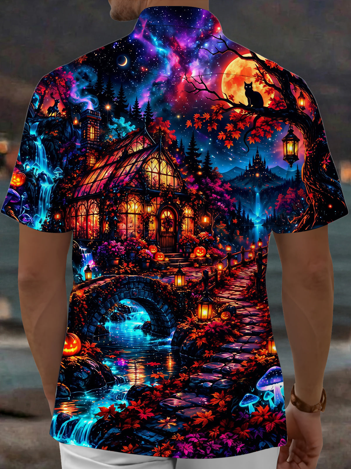 Oceanlyte Men's Halloween Black Cats And Pumpkins Print Short Sleeve Shirt with Chest Pocket