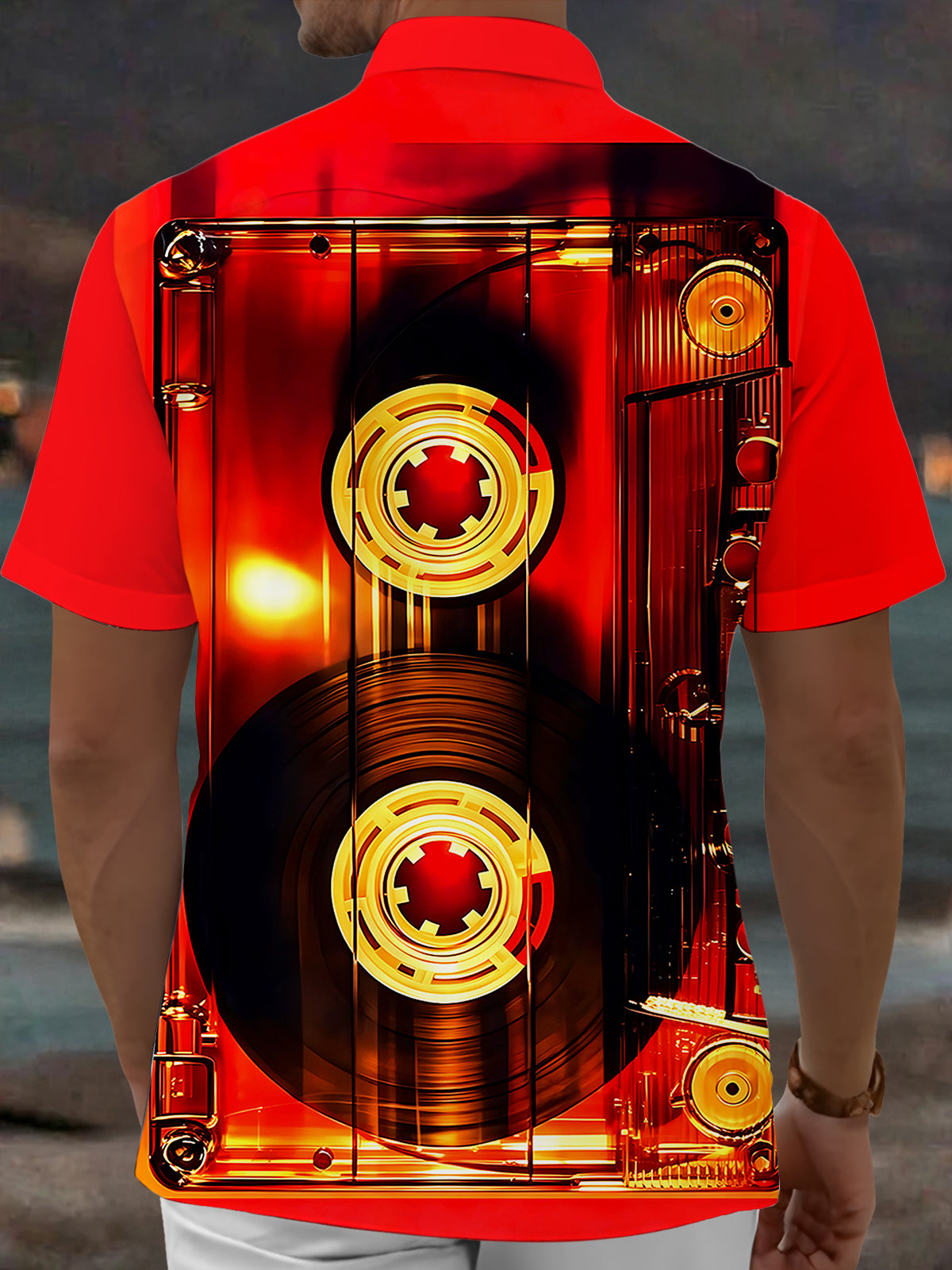 Oceanlyte Men's Vintage Style Cassette Tape Print Short Sleeve Shirt with Chest Pocket