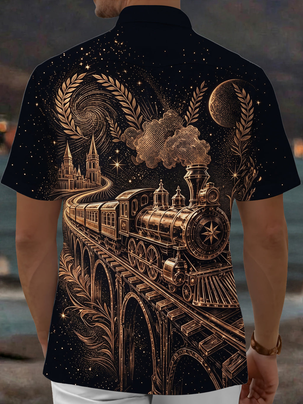 Oceanlyte Men's Printed Vintage Steam Train Print Short Sleeve Shirt with Chest Pocket