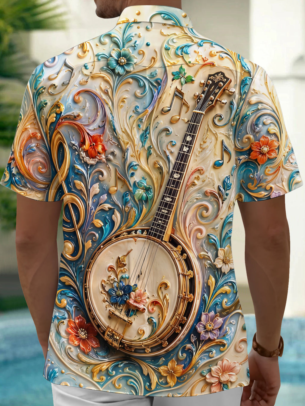 Oceanlyte Men's Vintage Style Banjo Relief Print Short Sleeve Shirt with Chest Pocket