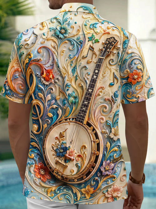 Oceanlyte Men's Vintage Style Banjo Relief Print Short Sleeve Shirt with Chest Pocket