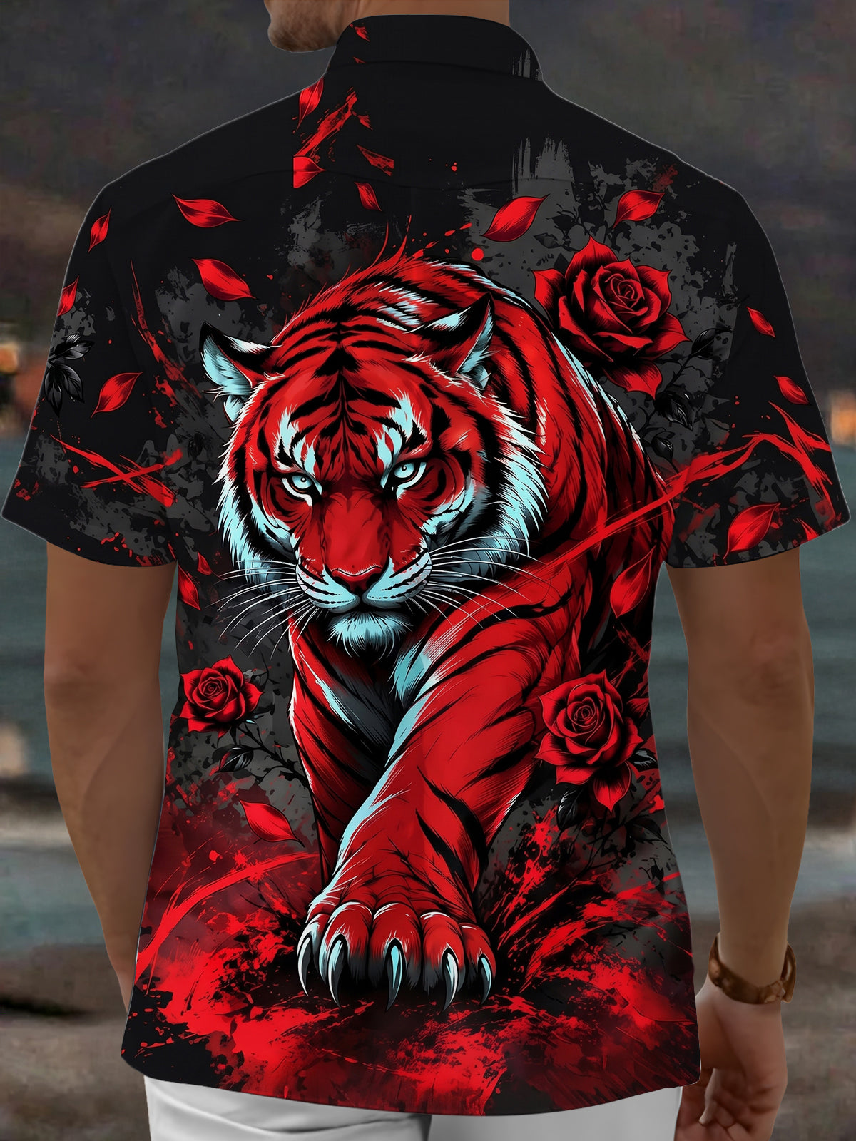 Oceanlyte Men's Hawaiian Red Tiger And Red Roses Print Short Sleeve Shirt with Chest Pocket