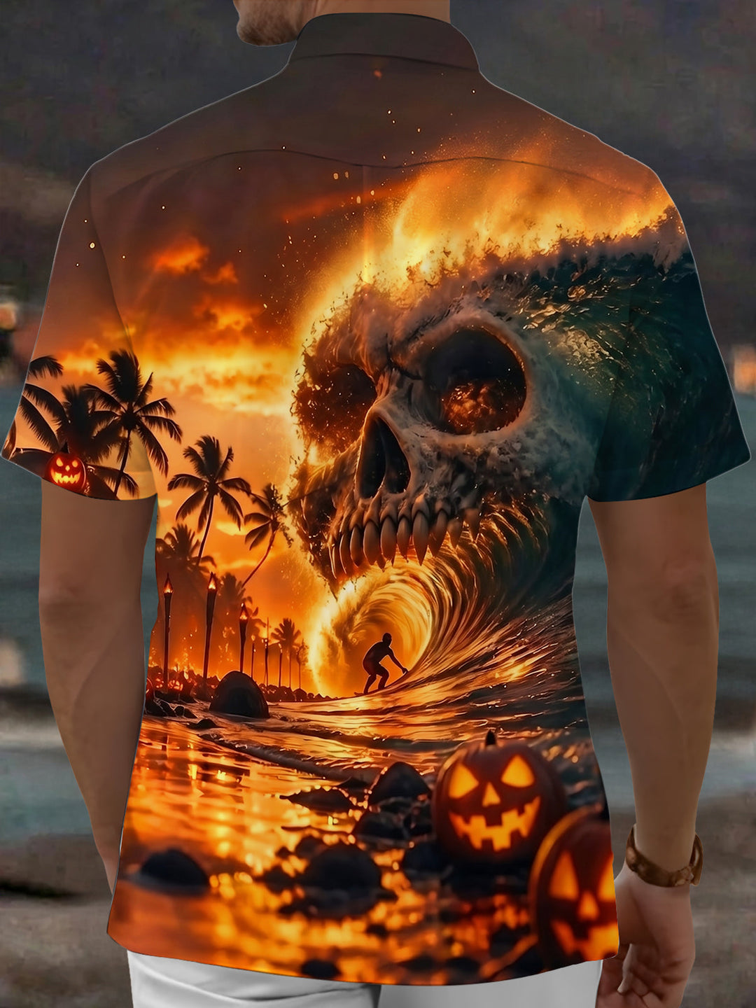Oceanlyte Men's Hawaiian Skull Wave Sunset Print Short Sleeve Shirt with Chest Pocket