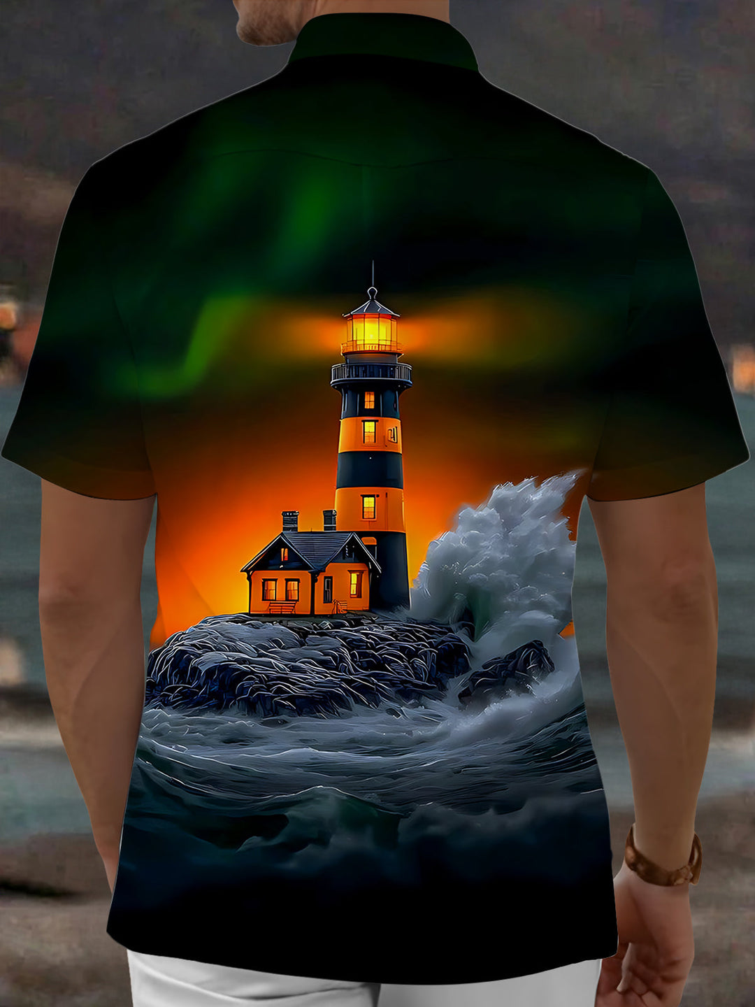 Oceanlyte Men's Graphic Lighthouse Sunset Print Short Sleeve Shirt with Chest Pocket