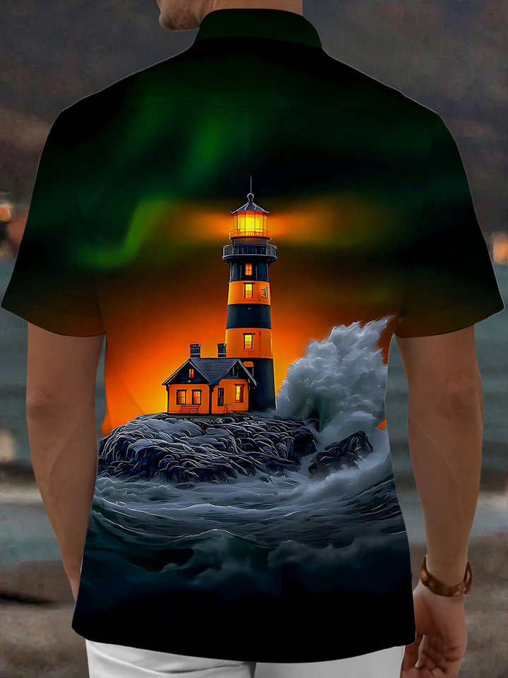 Oceanlyte Men's Graphic Lighthouse Sunset Print Short Sleeve Shirt with Chest Pocket
