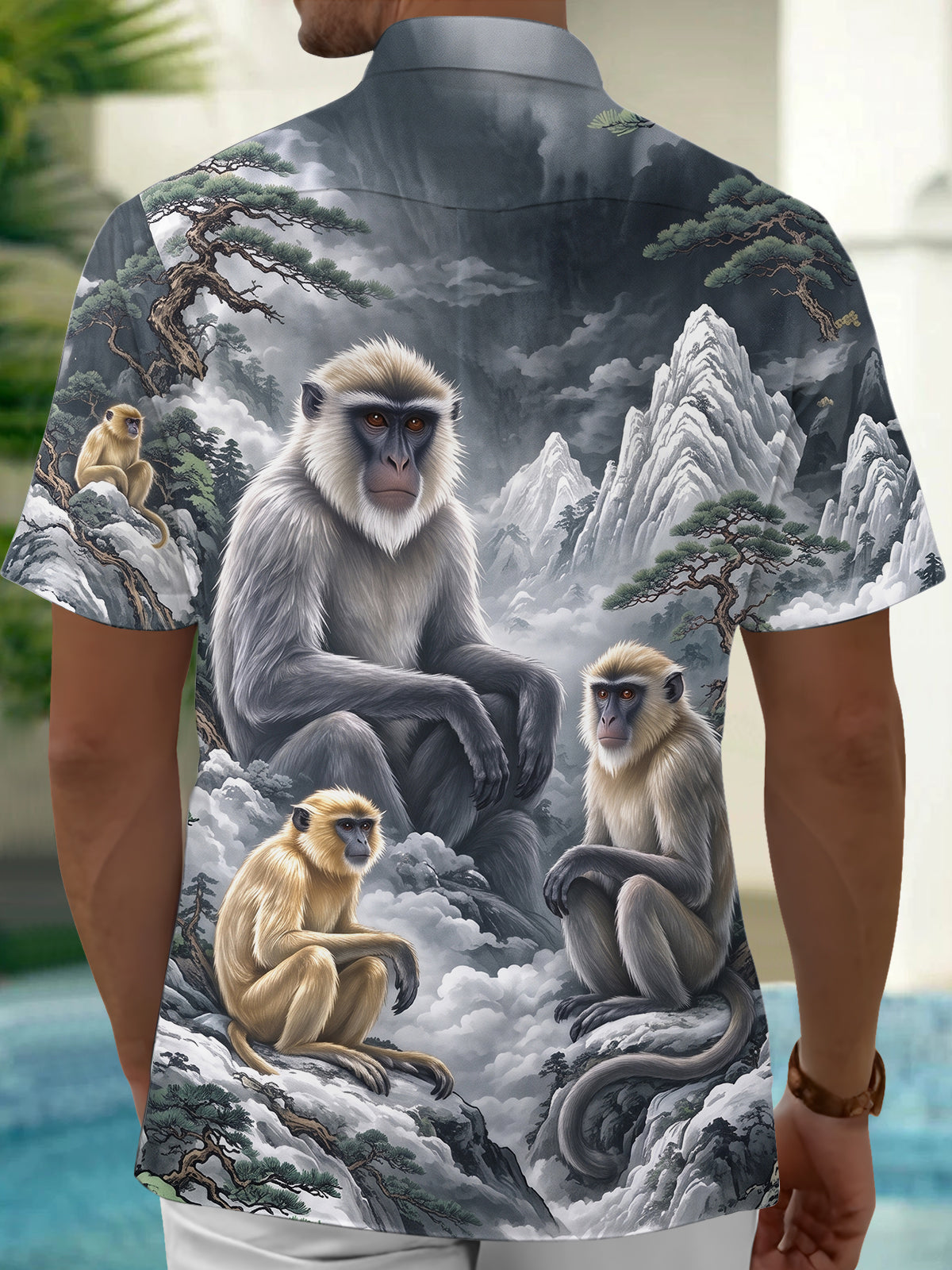 Oceanlyte Men's Hawaiian Monkeys In Mountain Landscape Print Short Sleeve Shirt with Chest Pocket