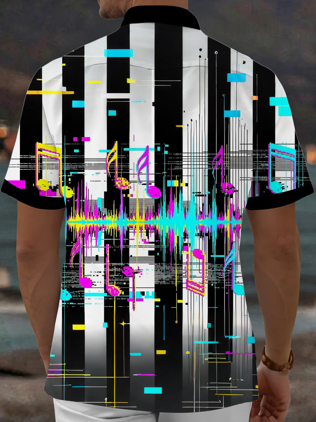 Oceanlyte Men's Musical Notes And Sound Waveform Print Short Sleeve Shirt with Chest Pocket