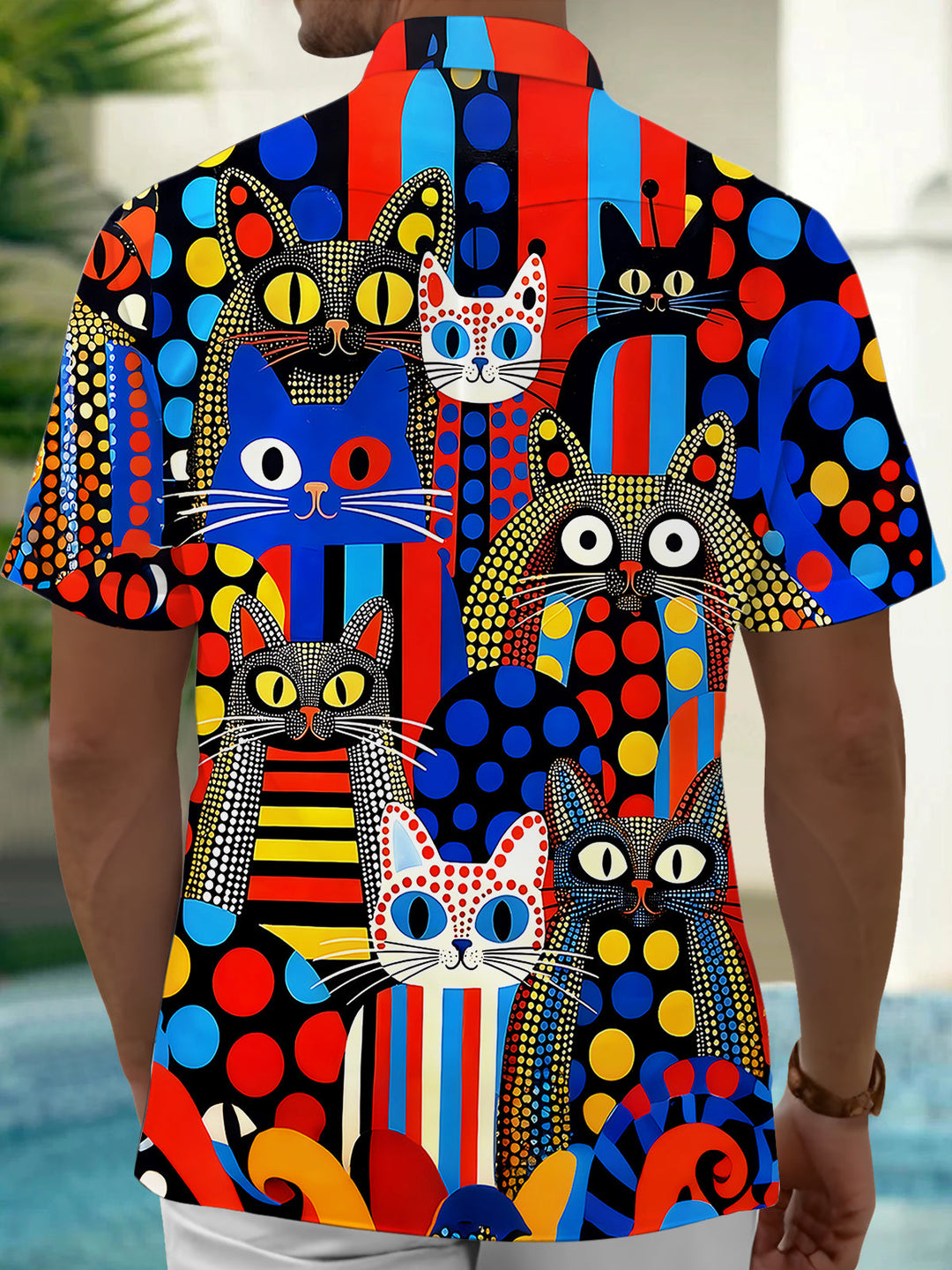 Oceanlyte Men's Hawaiian Colorful Cat Faces Print Short Sleeve Shirt with Chest Pocket