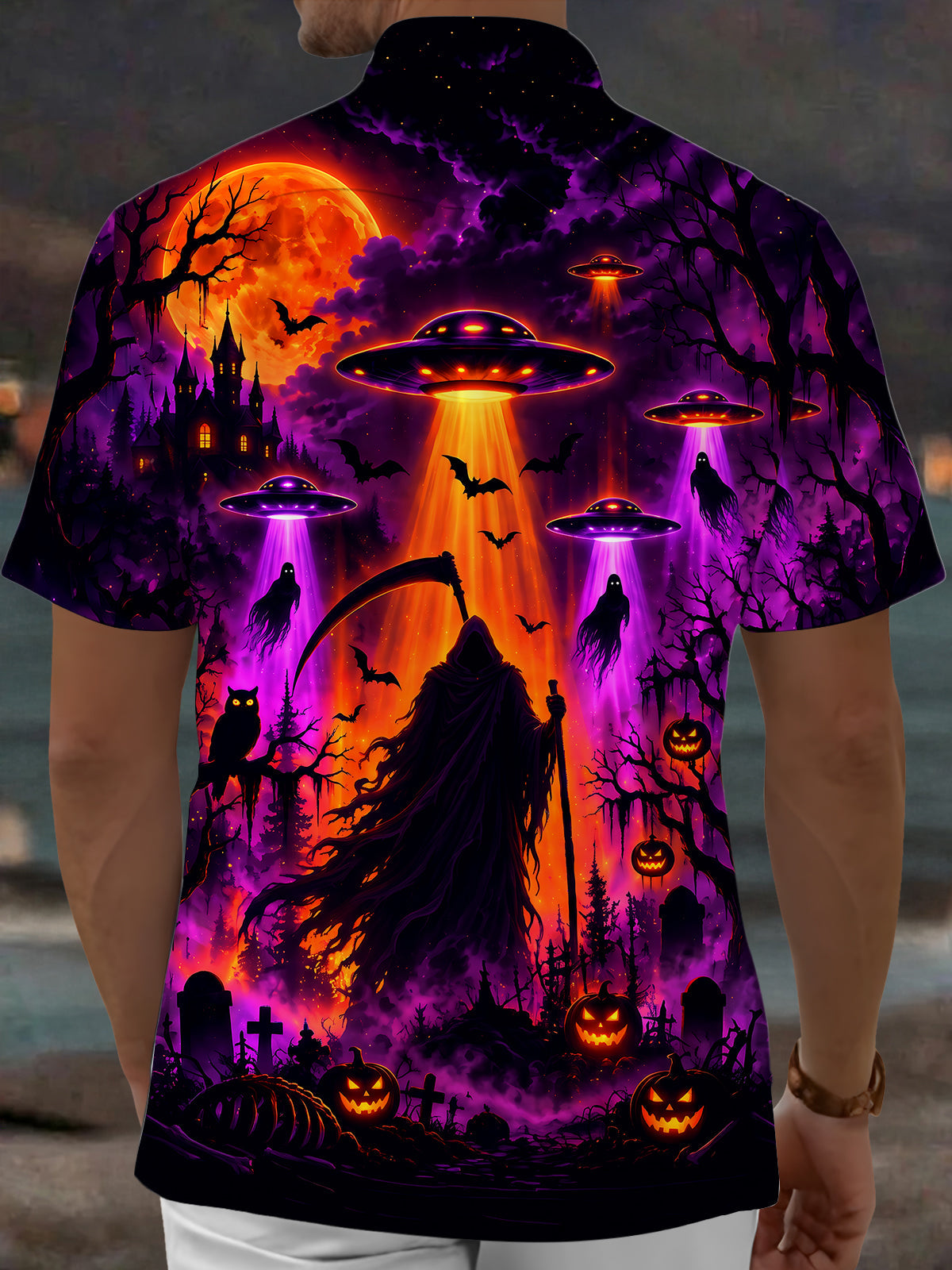 Oceanlyte Men's Short Sleeve Shirt - Halloween Grim Reaper And Jack-o-lanterns In A Graveyard Print with Chest Pocket