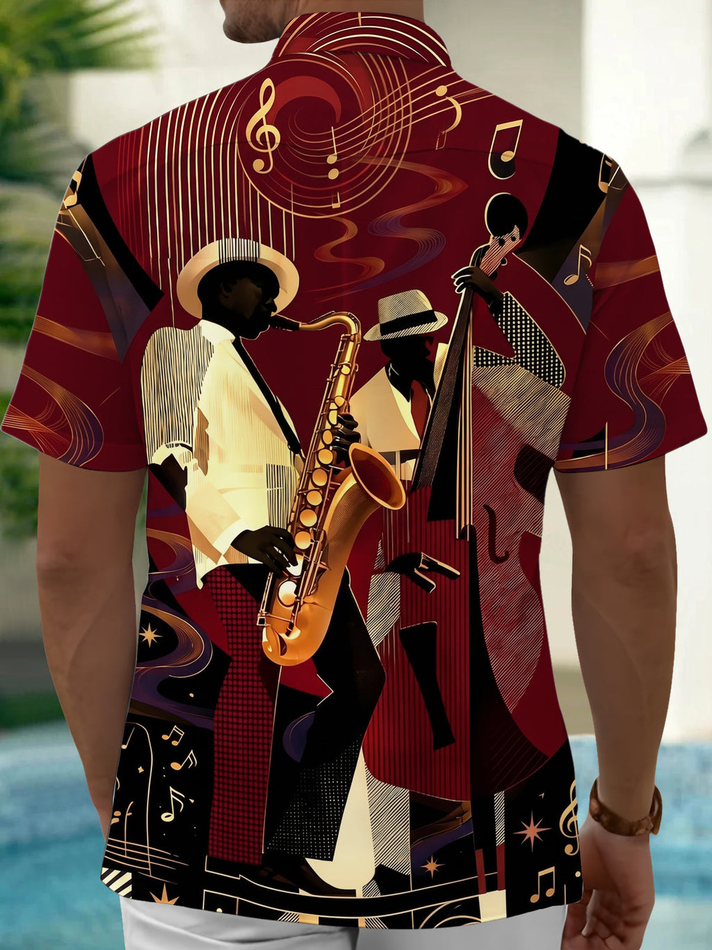 Oceanlyte Men's Vintage Style Musical Notes Print Short Sleeve Shirt with Chest Pocket