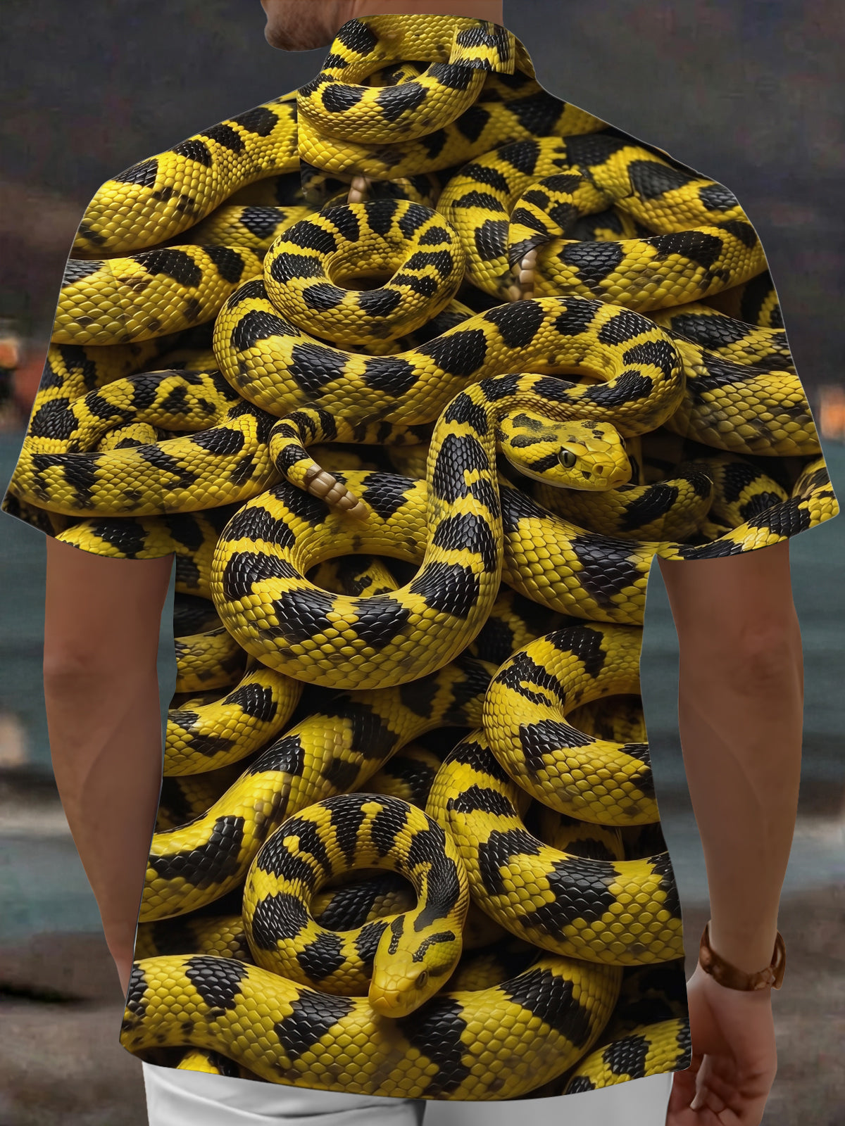 Oceanlyte Men's Printed Yellow Black Snake Print Short Sleeve Shirt with Chest Pocket