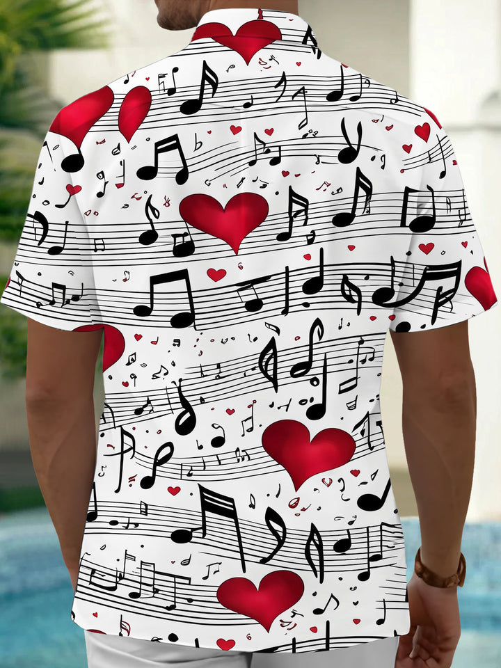 Oceanlyte Men's Printed Musical Notes Print Red Hearts Print Short Sleeve Shirt with Chest Pocket