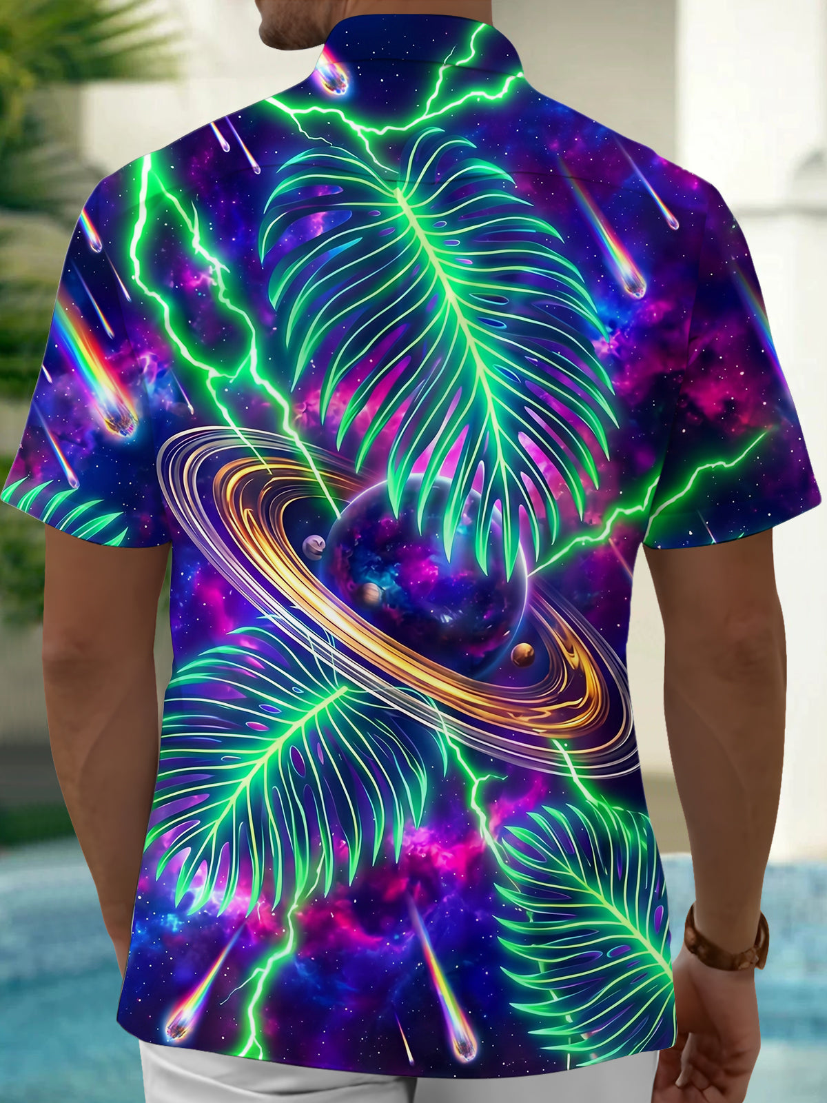 Oceanlyte Men's Neon Palm Leaves And Galaxy Planet Print Short Sleeve Shirt with Chest Pocket