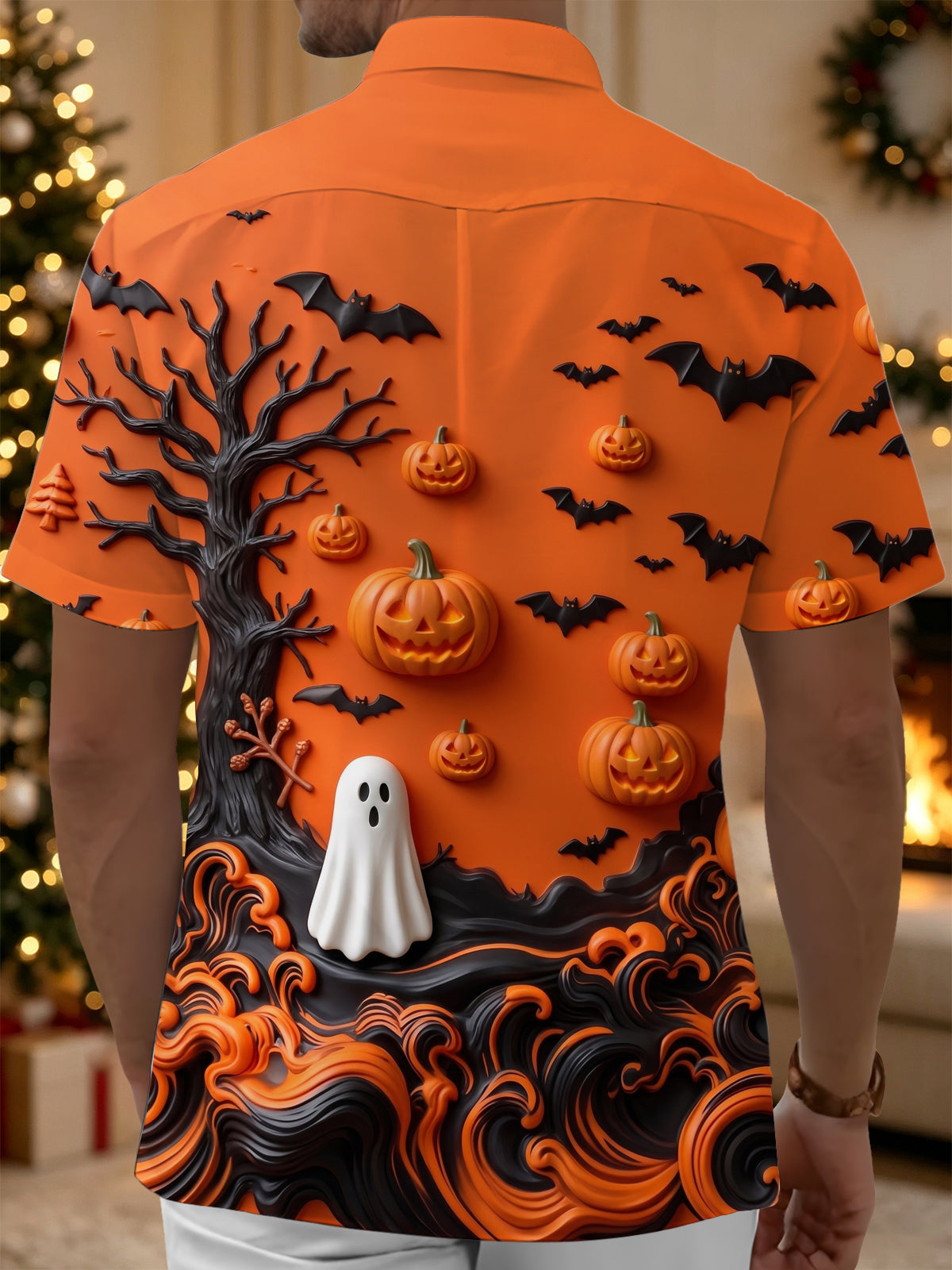 Oceanlyte Men's Graphic Halloween Pumpkins Print Bats Print Short Sleeve Shirt with Chest Pocket