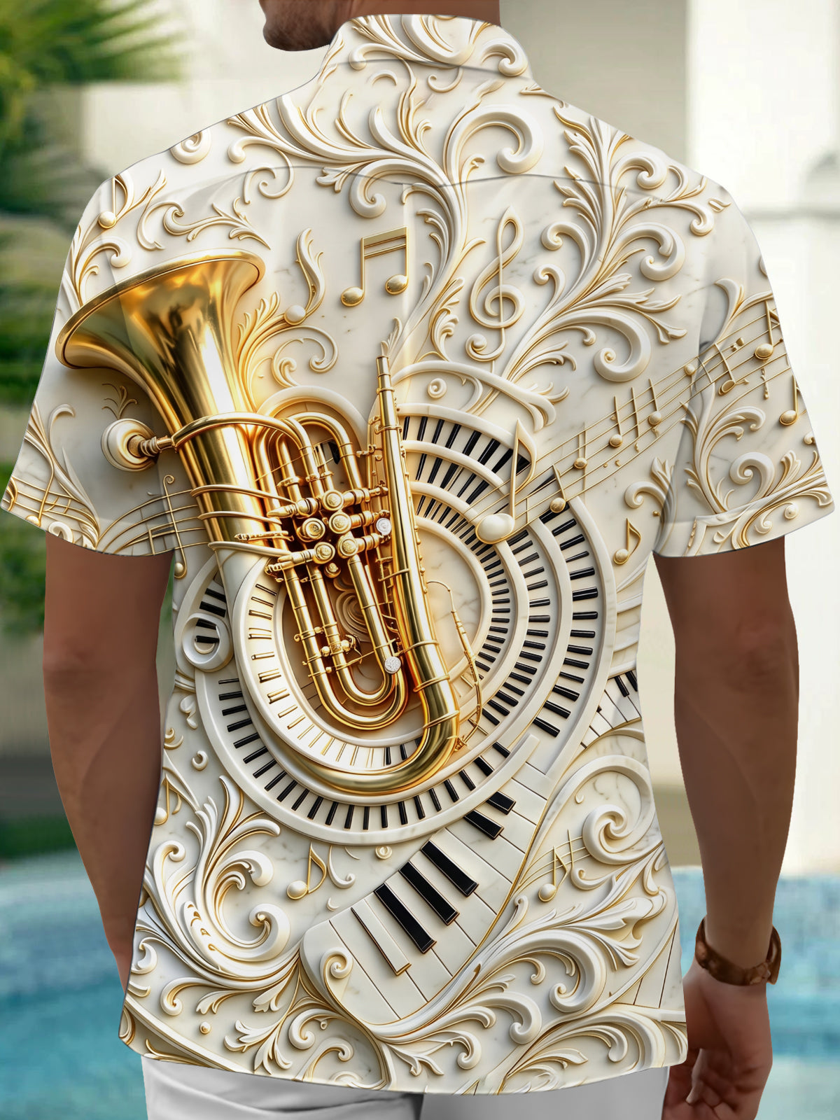 Oceanlyte Men's Graphic 3D Relief Tuba Print Piano Keys Print Short Sleeve Shirt with Chest Pocket