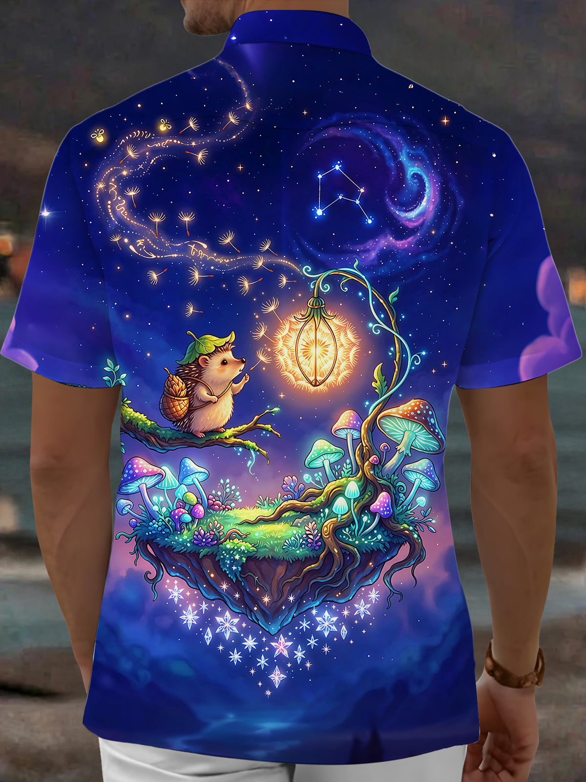 Oceanlyte Men's Short Sleeve Shirt - Hedgehog On Floating Island With Mushrooms Print with Chest Pocket