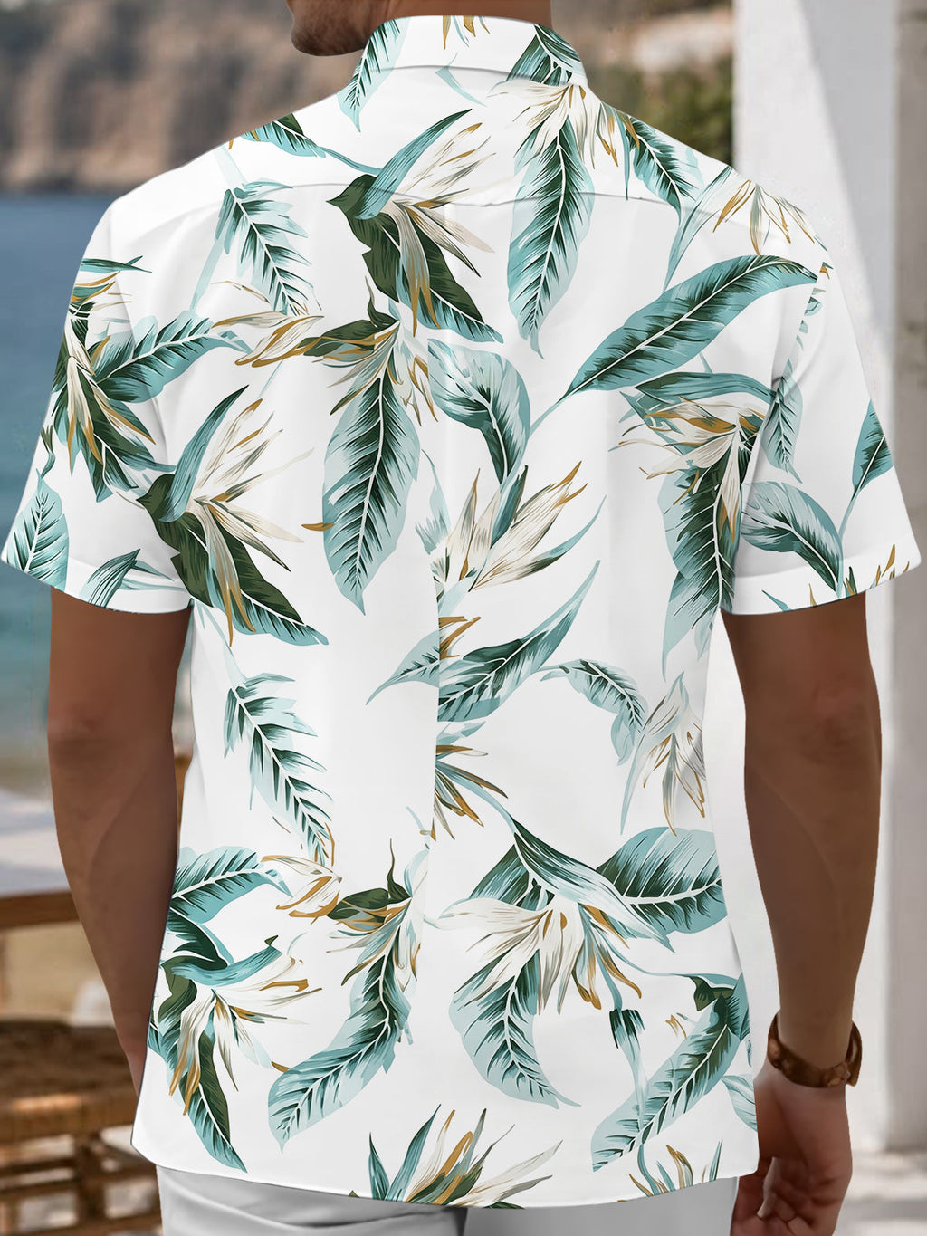 Oceanlyte Men's Hawaiian Tropical Leaf Print Short Sleeve Shirt with Chest Pocket
