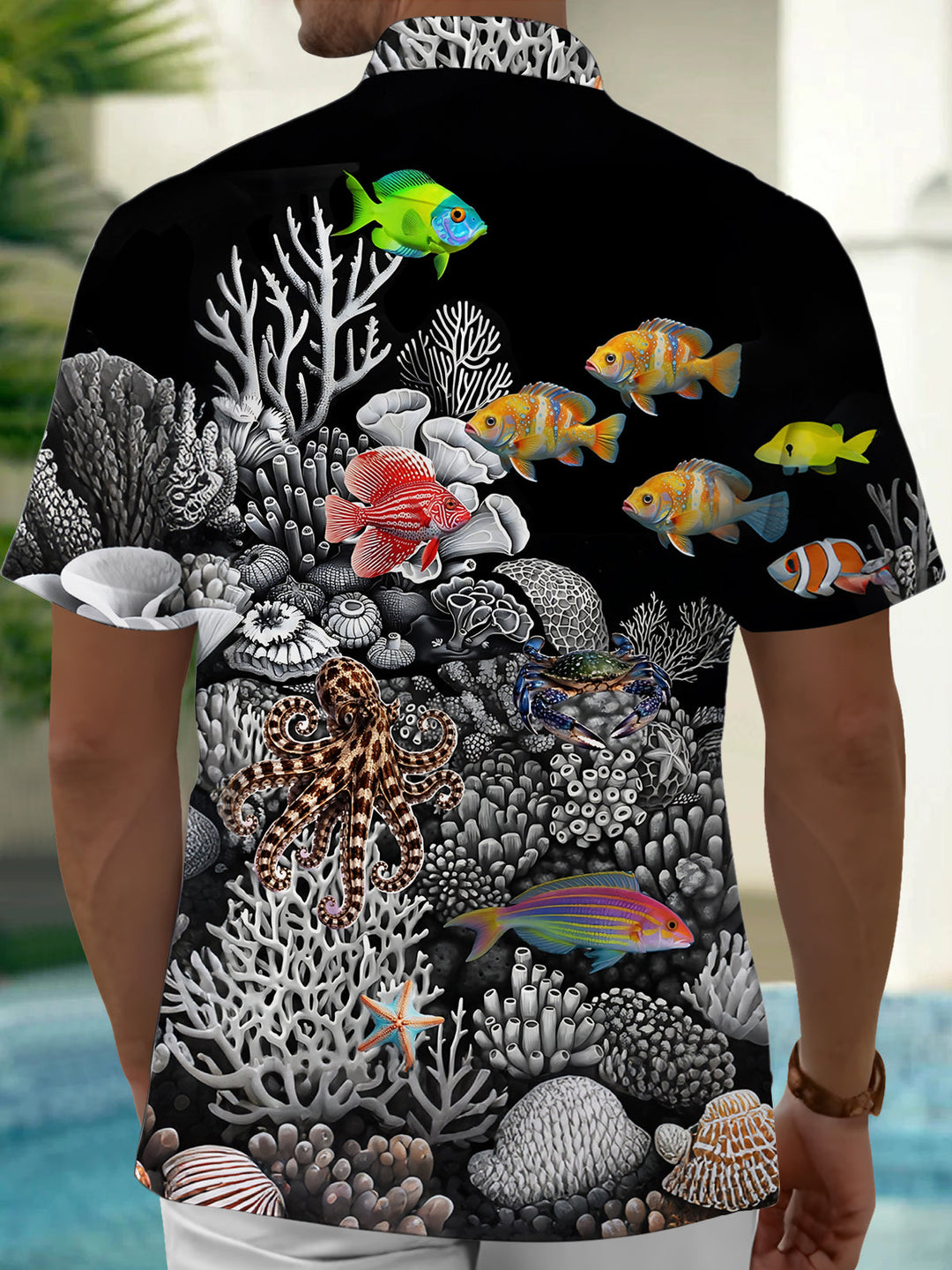 Oceanlyte Men's 3D Underwater Marine Life Graphic Print Short Sleeve Button Down Shirt with Chest Pocket