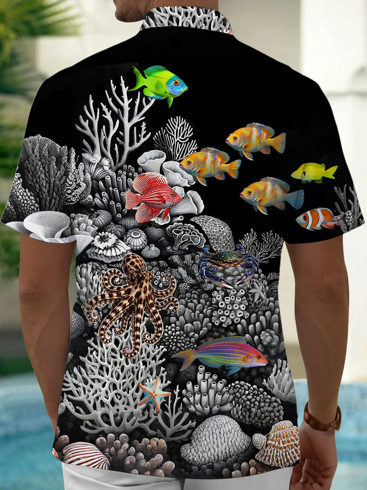 Oceanlyte Men's 3D Underwater Marine Life Graphic Print Short Sleeve Button Down Shirt with Chest Pocket