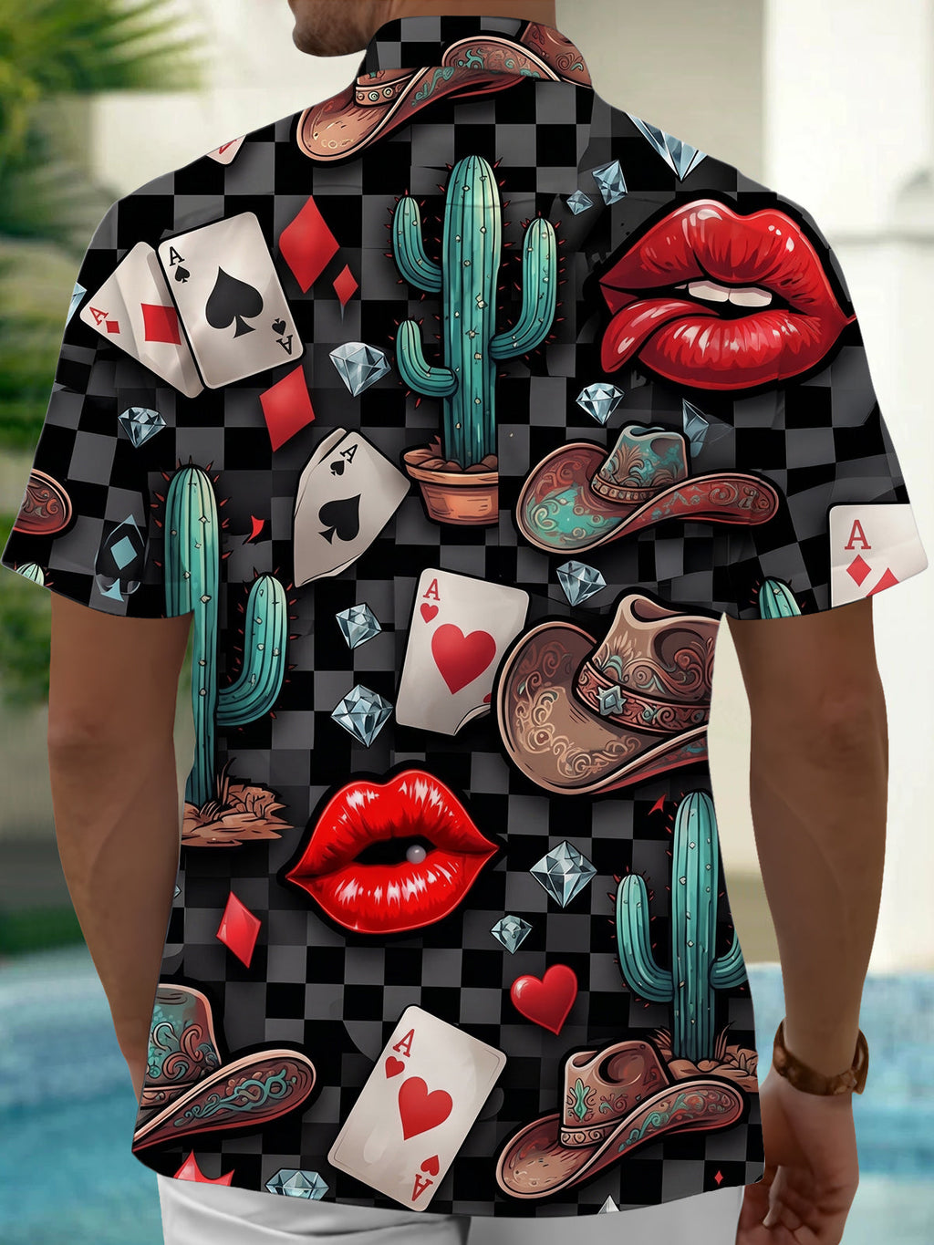 Oceanlyte Men's Graphic Poker Cards And Red Lips Print Short Sleeve Shirt with Chest Pocket