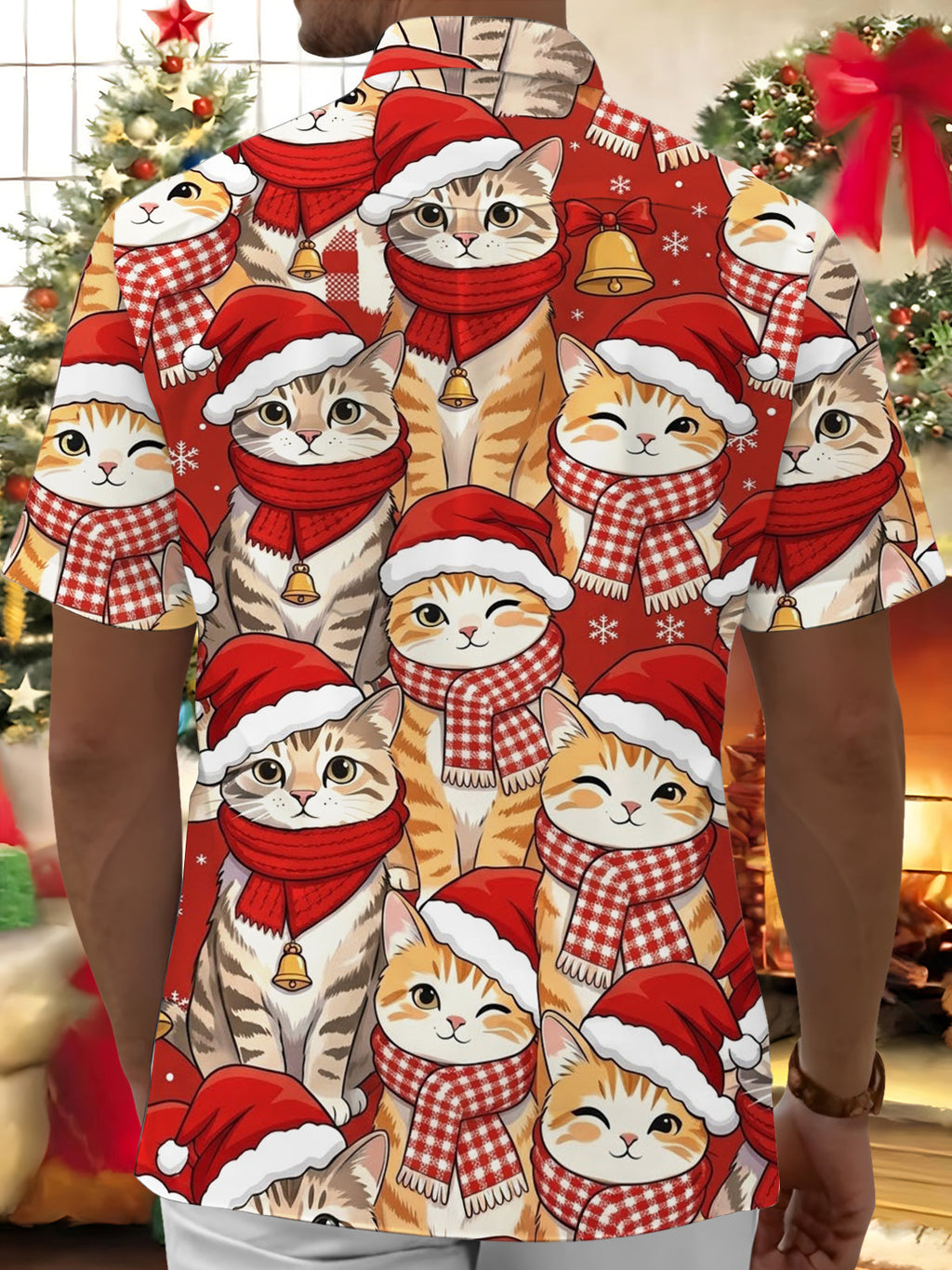 Oceanlyte Christmas Cat Cartoon Men's Pocket Short Sleeve Shirts