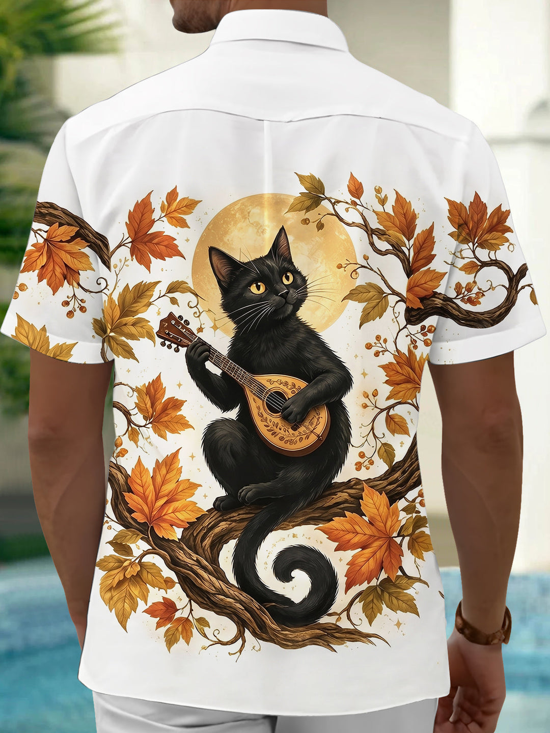 Oceanlyte Men's Black Cat Playing Mandolin Print Short Sleeve Shirt with Chest Pocket